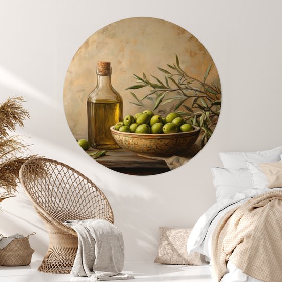 WallCircle® - Behangcirkel 120x120 cm - Muurstickers Olijven - Stilleven - Vintage - Muurcirkel woonkamer - Wandcirkel slaapkamer - Kamer decoratie zelfklevend - Muurdecoratie accessoires XXL