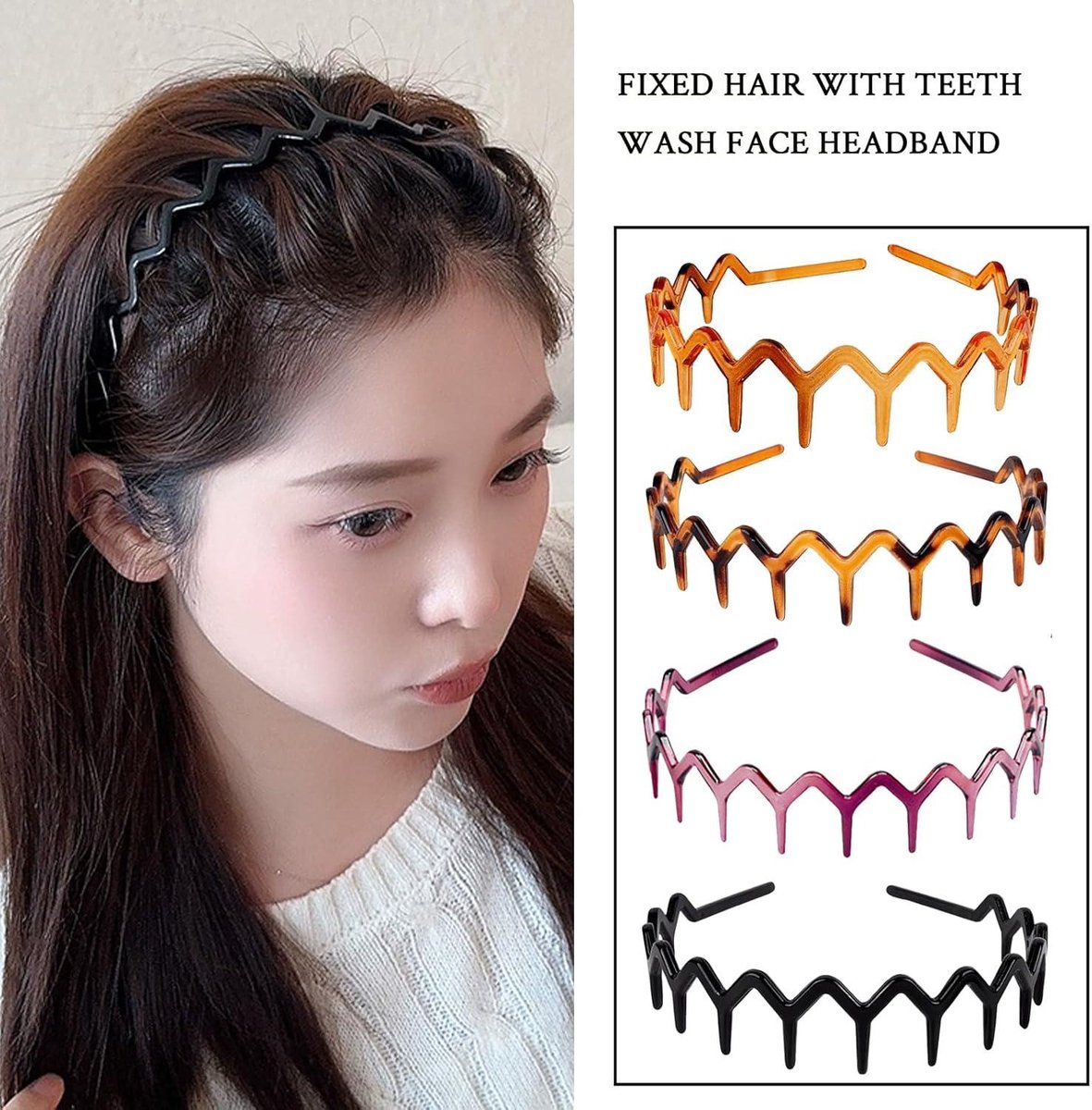 Zickzack haarband, 4 stuks, haaienbekken haarkam, golvende kunststof hoofdband, make-up haarband voor sport, fitness, dagelijks gebruik voor dames en meisjes (Zwart/luipaardprint