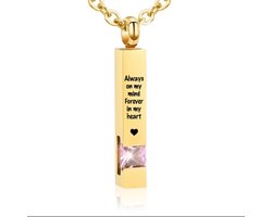 Luxe Ashanger | Met Ketting En Gravering | Always On My Mind Forever In My Heart | Assieraad | Goud Met Roze Steen | As Ketting | Gedenksieraad | Urn | Incl. As vuller