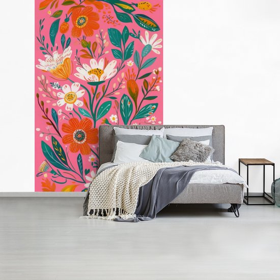 Behang - Fotobehang Roze - Bloemen - Wit - Oranje - Breedte 170 cm x hoogte 260 cm