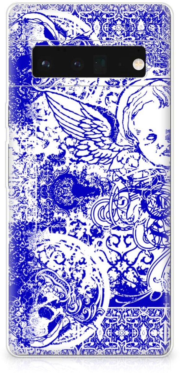 Silicone Back Case Google Pixel 6 Pro Angel Skull Blauw