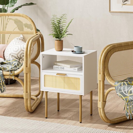 Nachtkastje 1 Lade Eiken Decor - Rotan en Mat Zwart Print L44,6 cm - Saïgon