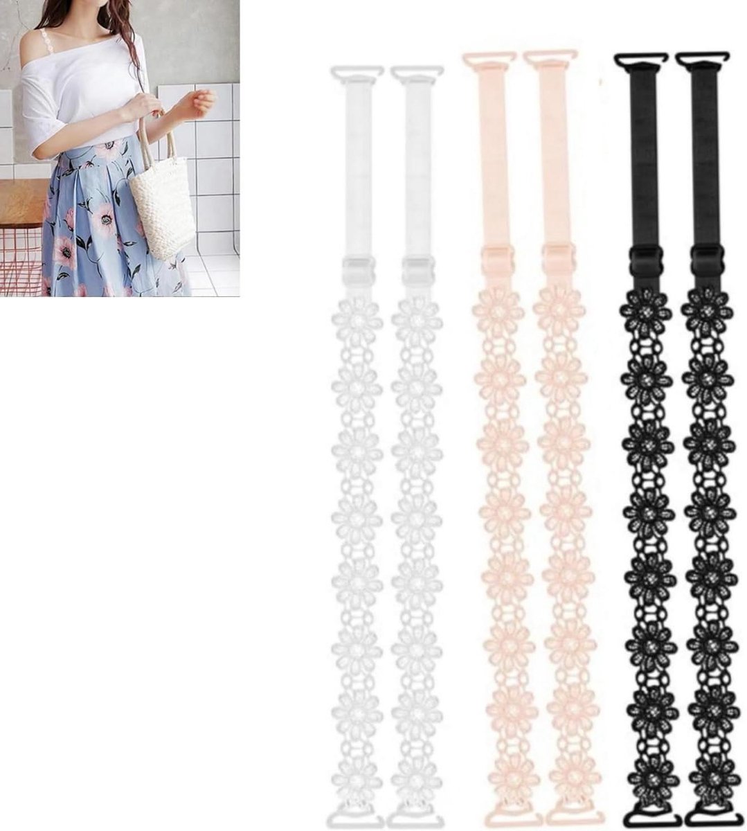 Bandeau top voor dames, bloemen, kant, strapless beha, rekbaar, met 2 paar transparante schouderbandjes, 2 stuks, Beige zwart, X-Large
