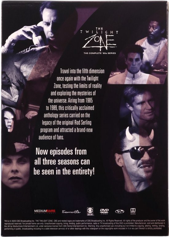 Achterkant van de "The Twilight Zone: The Complete '80s Series" DVD met foto's van acteurs en tekst die reizen naar de vijfde dimensie, realiteitsgrenzen testen en de mysteries van het universum verkennen beschrijft.