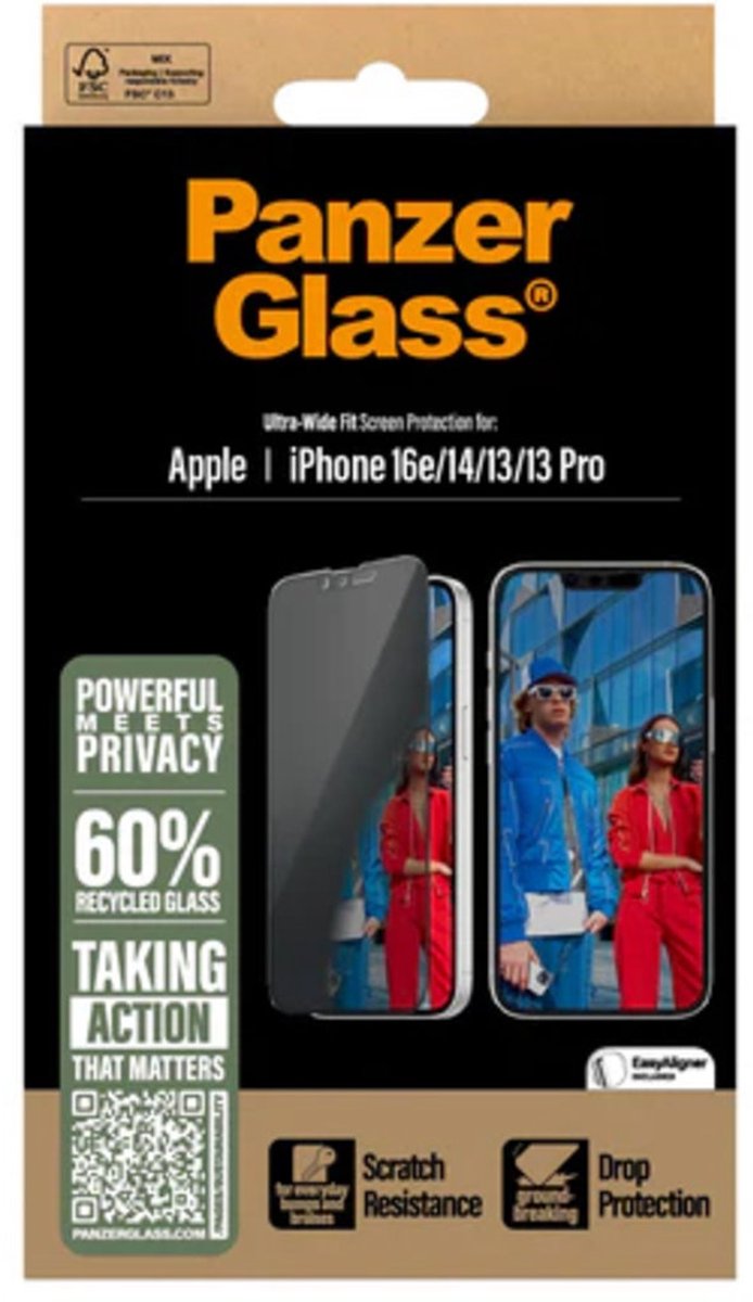 PanzerGlass Screenprotector geschikt voor Apple iPhone 16e Glazen | PanzerGlass Ultra-Wide Fit Privacy Screenprotector Privacy - Case Friendly - Zwart