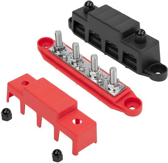 Verdeelblok, 2 stuks, 12 V-48 V DC, verdelerblok, 250 A, busbarbox met 4 x M8 klembouten, krachtige module, stroomverdelingsblok, aardstroom voor camper, boot jacht (zwart rood