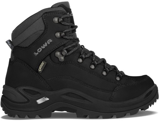 Chaussure de randonnée noire LOWA Renegade avec accents gris, étiquette Gore-Tex et semelle à crampons.