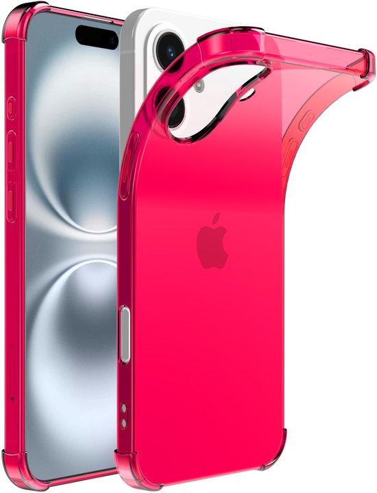 Transparante neonroze telefoonhoes met versterkte hoeken, omringt een telefoon.