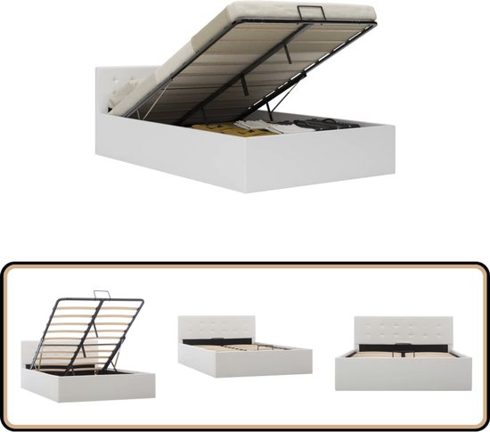 vidaXL Cadre de lit avec rangement 120x200 Wit Cadre de lit hydraulique - Lit en similicuir - Lit avec rangement - Lit double - Lit Witte - Alternatief au sommier