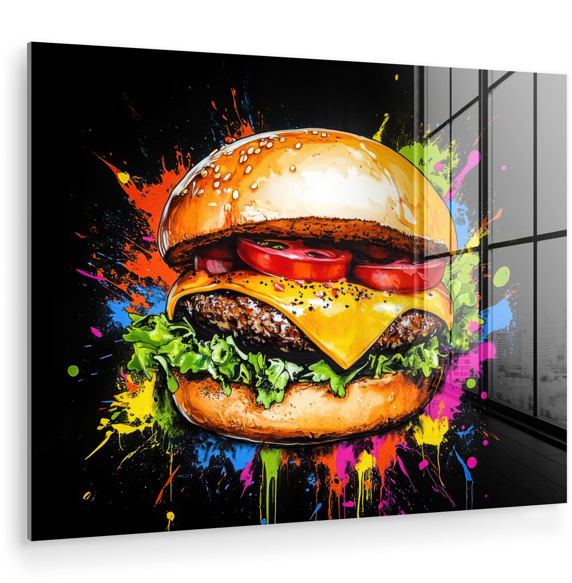 MuchoWow® Glasschilderij 120x90 cm - Schilderij acrylglas - Hamburger - Graffiti - Verf - Kleurrijk - Eten - Abstract - Foto op glas - Muurdecoratie woonkamer - Wanddecoratie slaapkamer - Schilderijen
