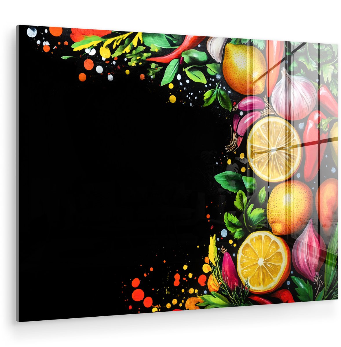 MuchoWow® Glasschilderij 160x120 cm - Schilderij acrylglas - Citroenen - Peper - Kruiden - Graffiti - Verf - Abstract - Foto op glas - Muurdecoratie woonkamer - Wanddecoratie slaapkamer - Schilderijen