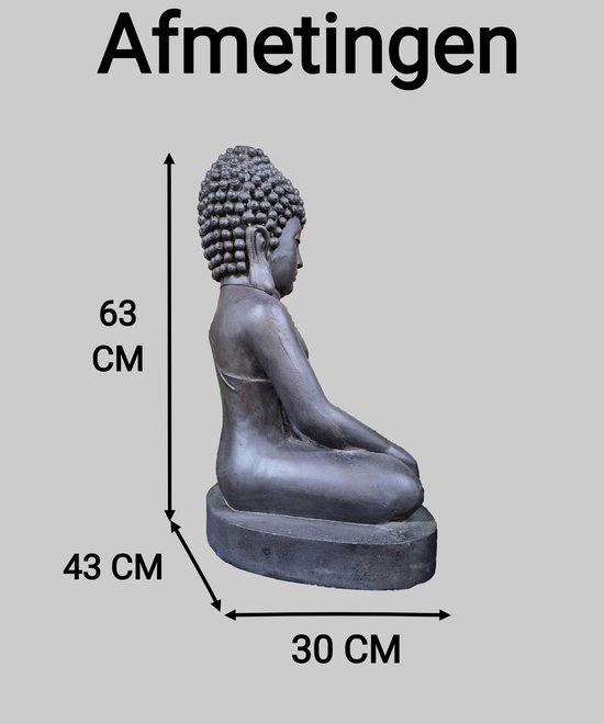 Afmetingen: 63cm hoog, 43cm diep, 30cm breed. Zwart Boeddhabeeld.