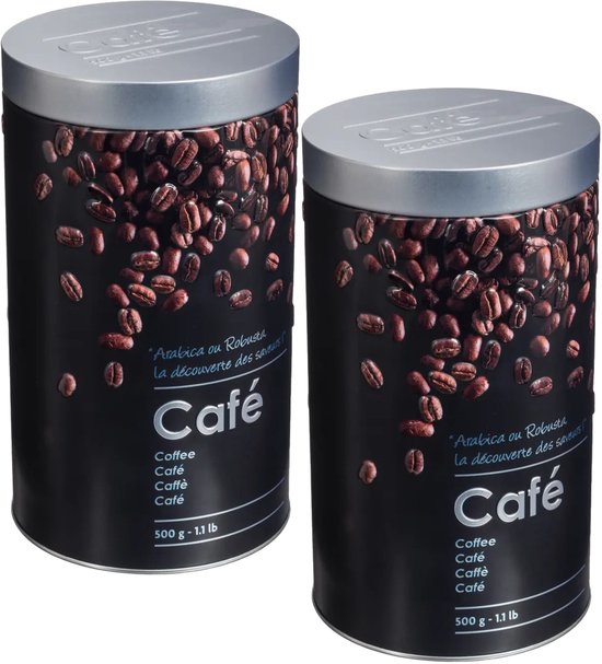 Deux boîtes à café noires avec couvercle, imprimées de grains de café et 'Café 500g - 1.1 lb'.