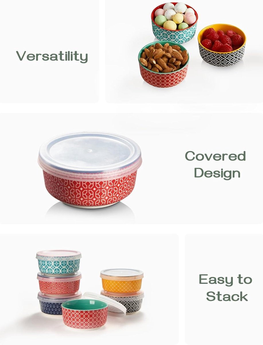 DOWAN Dipschalen van porselein, 176 ml dessertkommen, set van 6 met deksel, stapelbare kom voor saus, snack, dessert, tapas, crème brûlée, schaaltjes, meerkleurig, vaatwasser- en magnetronbestendig