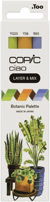 Palette Botanic Copic Ciao « LAYER & MIX », 3 pièces, Blauw, vert, Oranje, pointe biseautée/pinceau, ronde, encre à base d'alcool, adulte/enfant