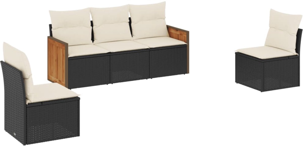 The Living Store 5-delige Loungeset met kussens poly rattan zwart - Loungeset - Tuinset - Buitendecoratie - Lounge - Relaxen