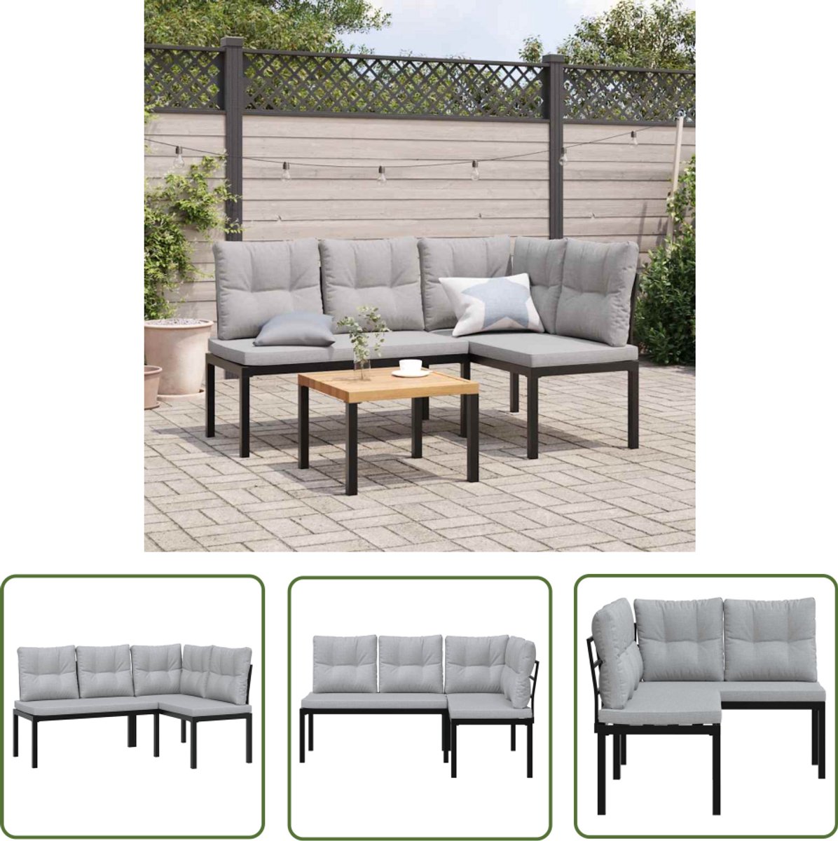 The Living Store Tuinbanken met kussens 2 st gepoedercoat staal zwart - Tuinbank - Buitendecoratie - Lounge Set - Tuinset - Garden Furniture