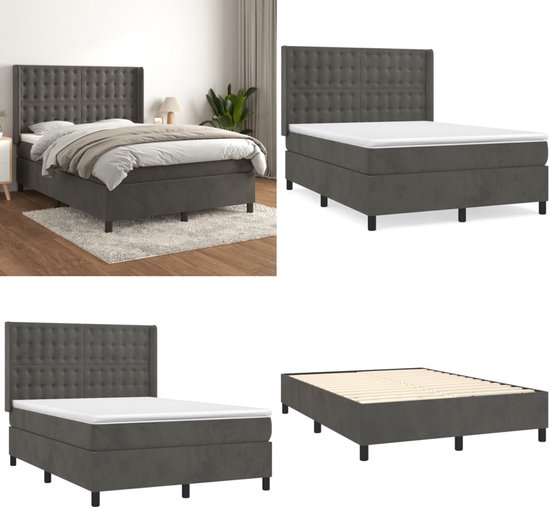 vidaXL Boxspring avec matelas Velours Gris foncé 140x190 cm - Boxspring - Sommiers - Lit - Meubles de couchage