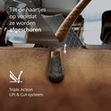 Close-up van het Triple Action Lift & Cut-systeem van Philips dat haartjes optilt voordat ze worden afgeschoren.