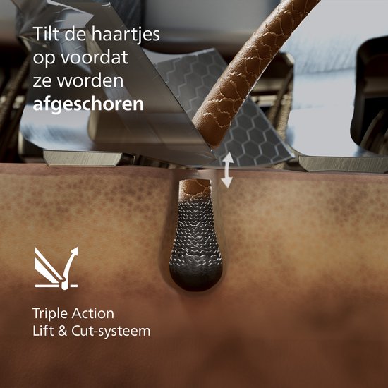 Close-up van het Triple Action Lift & Cut-systeem van Philips dat haartjes optilt voordat ze worden afgeschoren.