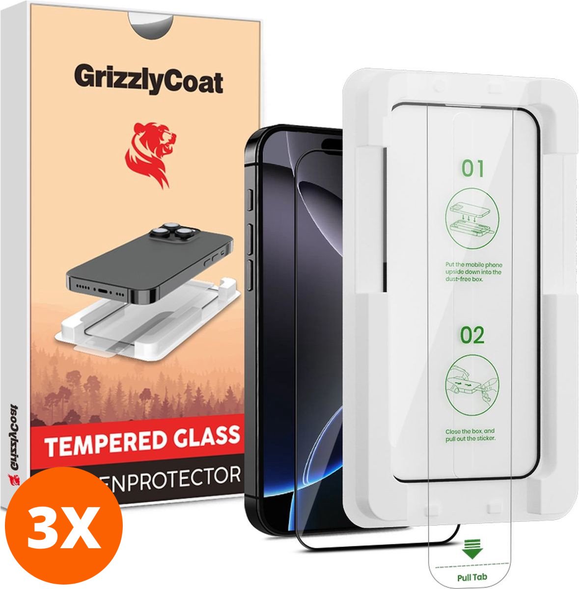 GrizzlyCoat Screenprotector geschikt voor Apple iPhone 16 Pro Max Glazen | GrizzlyCoat AlignPro Screenprotector - Case Friendly + Installatie Frame - Zwart (3-Pack)