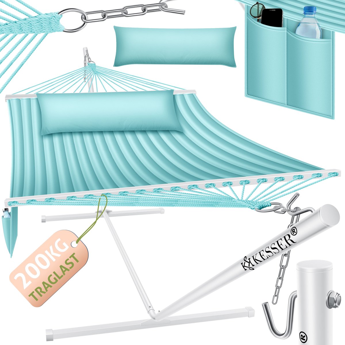 KESSER® Hangmat met standaard - 2 persoons met kussen - tot 200 kg - binnen & buiten - grijs/blauw