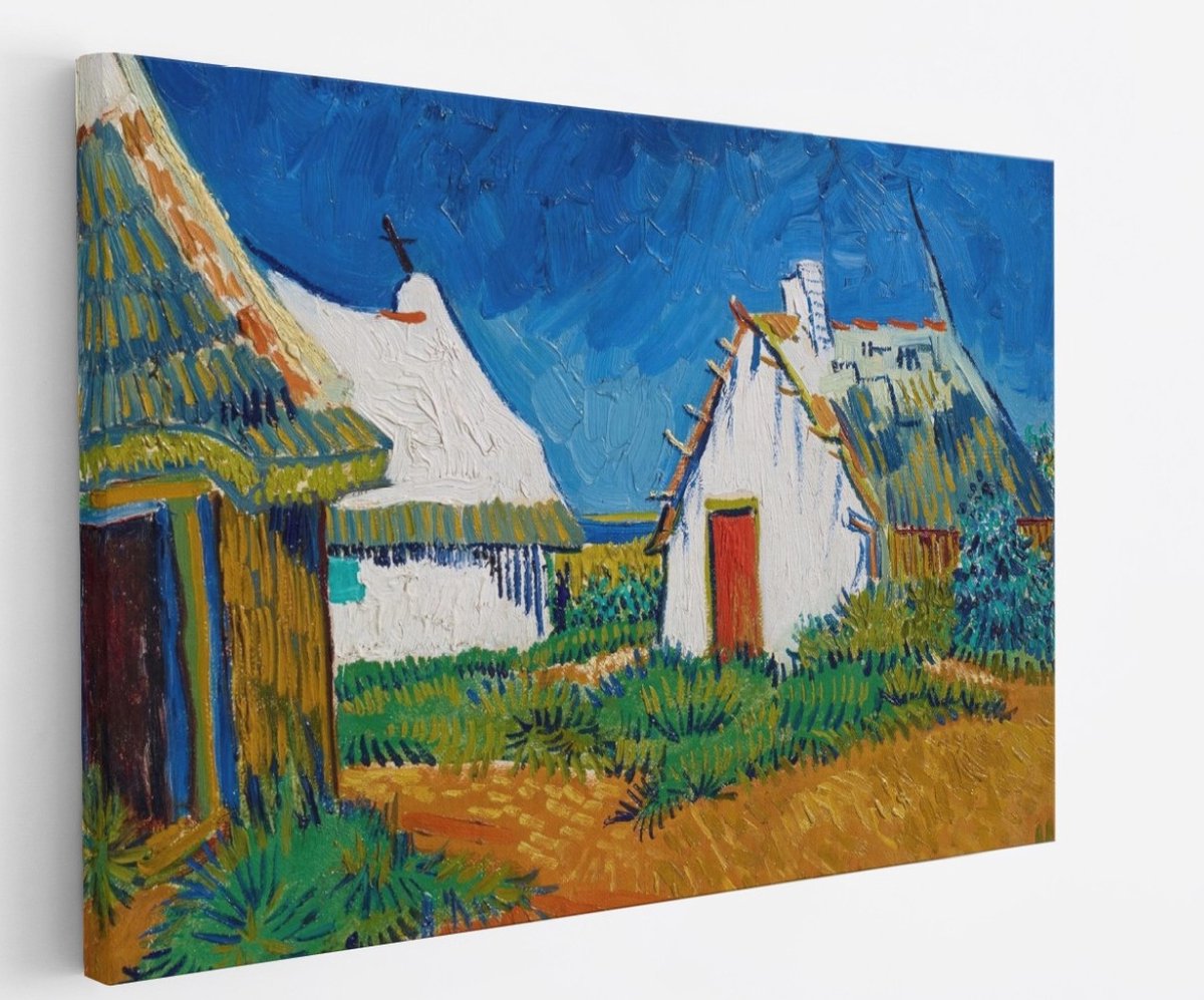 Saammp Canvas Schilderij - Drie witte huisjes in Saintes-Maries - Van Gogh - Oude Meesters - 45x30 - Foto op canvas - Wanddecoratie - muurdecoratie Woonkamer - Slaapkamer decoratie - Canvas Print Multicolor