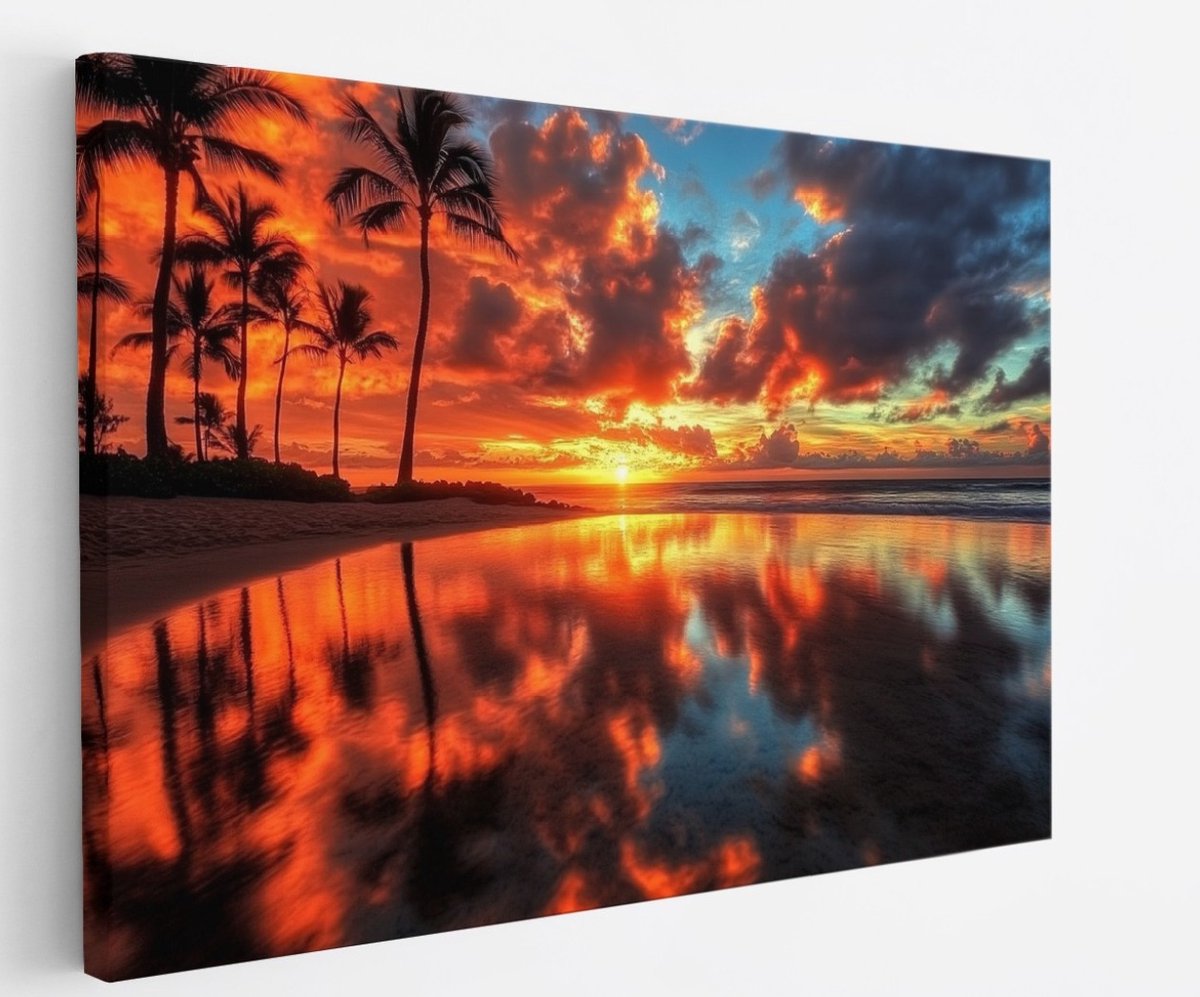 Saammp Canvas Schilderij - Tropisch strand - Zee met zonsondergang - Palmbomen - 70x50 - Foto op canvas - Wanddecoratie - muurdecoratie Woonkamer - Slaapkamer decoratie - Canvas Print Multicolor