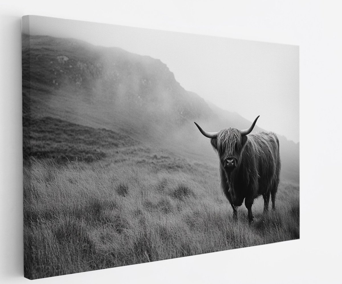 Saammp Canvas Schilderij - Schotse Hooglander Koe in het hoge gras - Landschap - Dieren - Natuur - 100x75 - Foto op canvas - Wanddecoratie - muurdecoratie Woonkamer - Slaapkamer decoratie - Canvas Print Multicolor