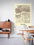 Une carte colorée de Londres avec des rues rouges, bleues et oranges sur fond jaune clair.