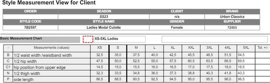 Maattabel voor dames culottes.