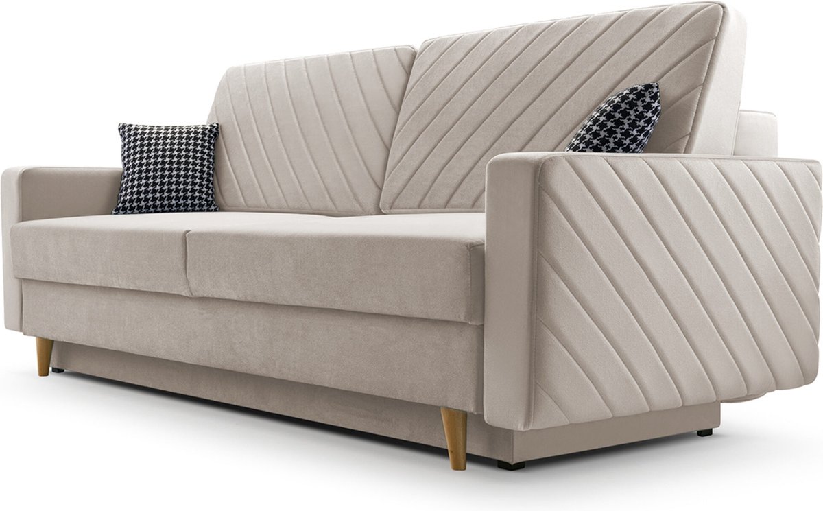 3-zitsbank van Velvet voor woonkamer, slaapbank, sofa met slaapfunctie en opbergruimte, moderne bank - 230x96x97cm - Slaapbank CALIFORNIA - Beige (PAROS 02)