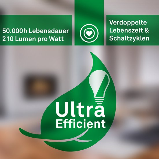 Logo met groene bladvorm, met 'Ultra Efficient' en informatie over levensduur en lumen.