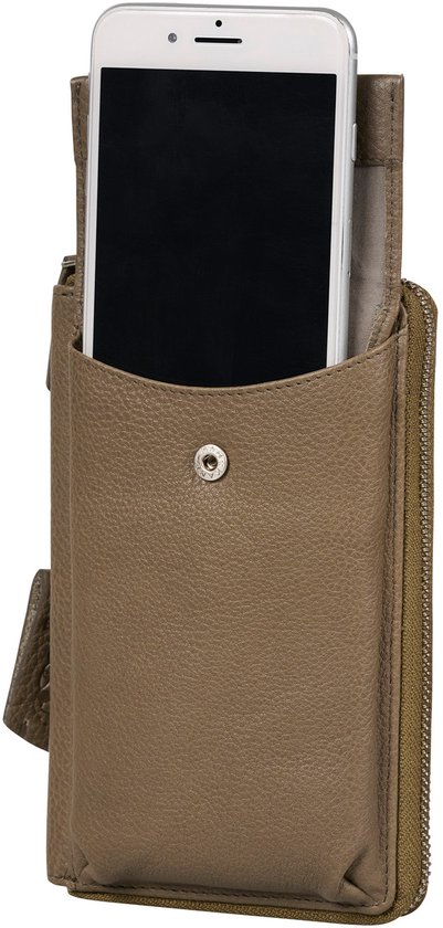 Bruine Burkely telefoonportemonnee met bruin telefoonhoesje met smartphone erin.