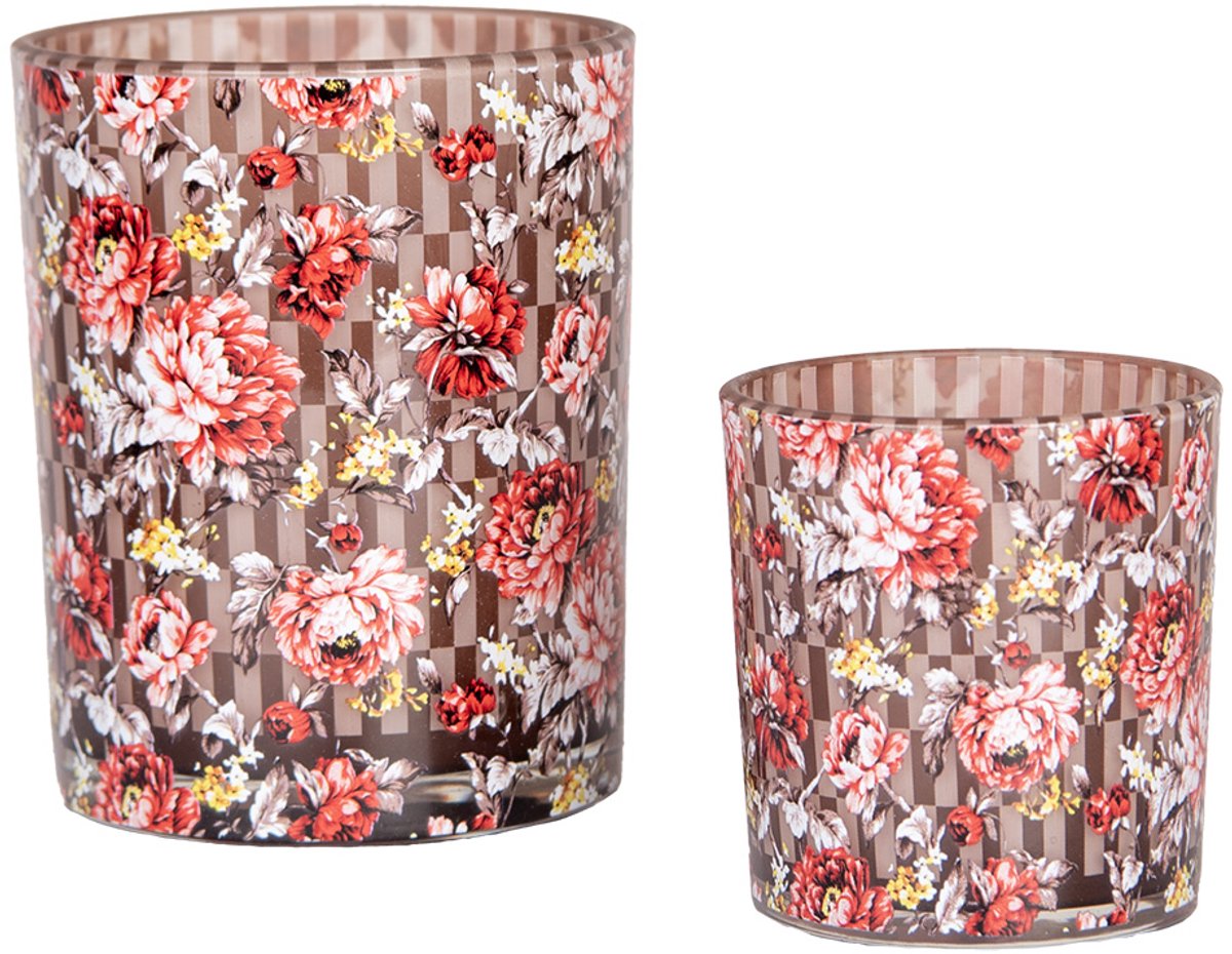 Clayre & Eef Theelichthouder Set van 2 Ø 7x8 / 10x13 cm Bruin Rood Glas Bloemen