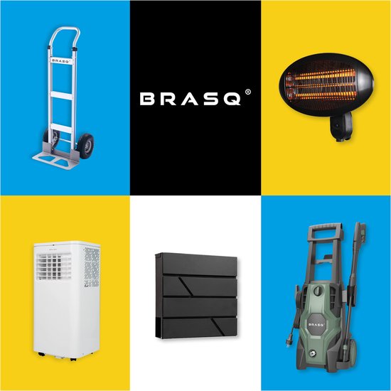 Collage van Brasq producten: steekwagen, verwarming, airco, brievenbus, hogedrukreiniger.
