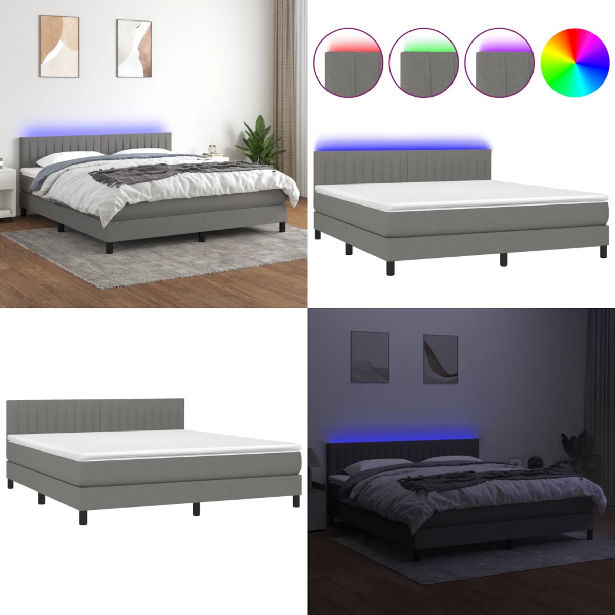 vidaXL Boxspring met matras en LED stof donkergrijs 160x200 cm - Boxspring - Boxsprings - Bed - Slaapmeubel