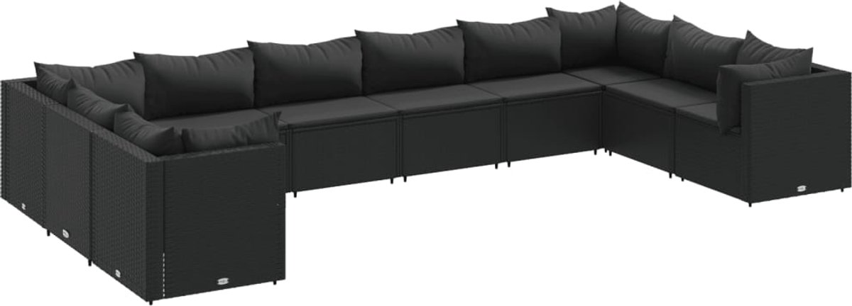 The Living Store 10-delige Loungeset met kussens poly rattan zwart