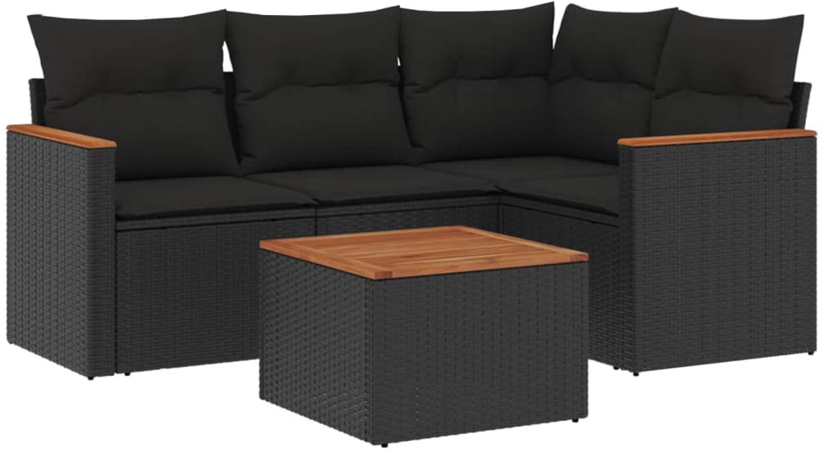 The Living Store 5-delige Loungeset met kussens poly rattan zwart - Loungeset - Tuinmeubels - Lounge Set - PE Rattan - Outdoor Furniture