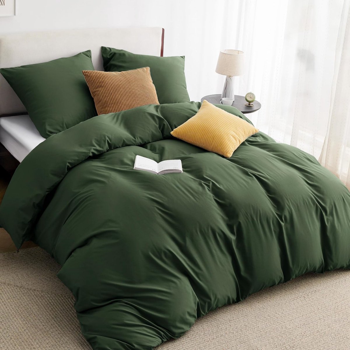 Famanu Beddengoed , 3-delig, grijs-olijfgroen, 1 dekbedovertrek + 2 kussenslopen , beddengoedsets, groen, polyester, microvezel met ritssluiting