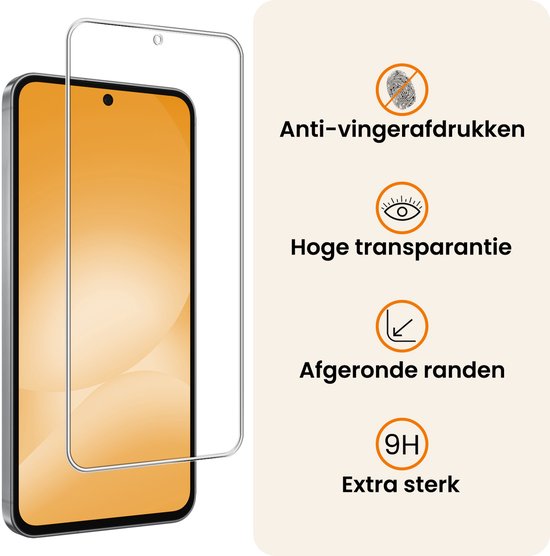 Dunne screenprotector met anti-vingerafdruk, hoge transparantie en afgeronde randen.