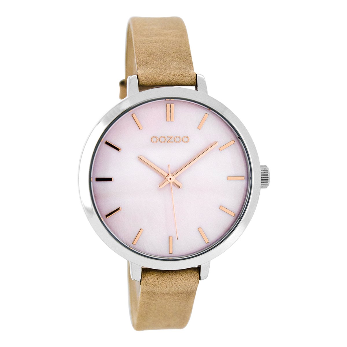 OOZOO Timepieces - Zilverkleurige horloge met oud roze leren band - C8356