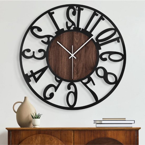 Maxstar Ronde wandklok voor woonkamerdecoratie, werkt op batterijen, niet tikkende stille vintage zwarte metalen houten klokken voor thuis woonkamer tuin boerderij kantoor keuken decoratie-34 cm