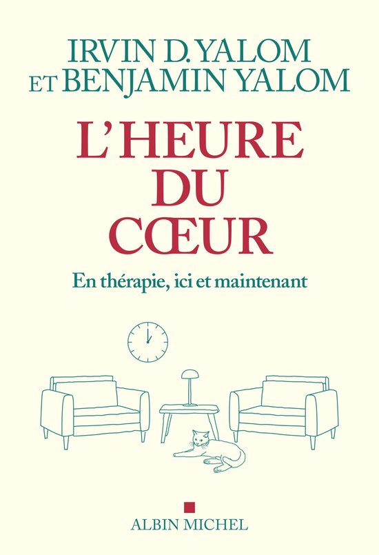 Boekcover van L'Heure du Coeur, met een illustratie van twee stoelen, een tafel met een lamp en een kat, en een klok.