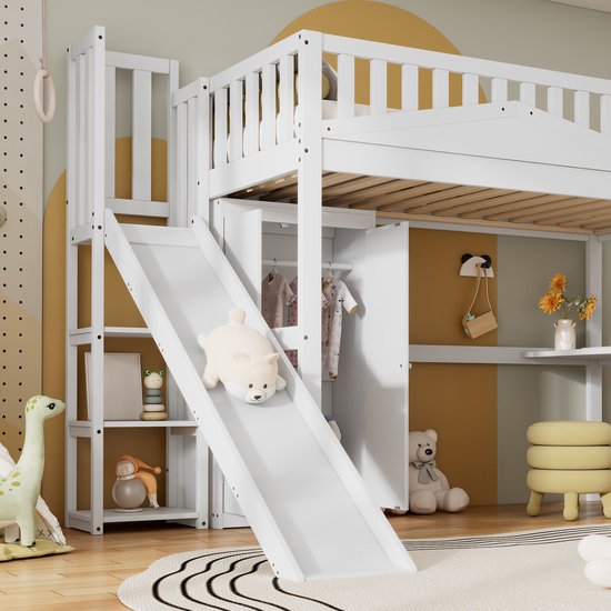 Lit mezzanine Sweiko - 90x200 cm - avec table + armoire + toboggan - Pin + MDF - Wit