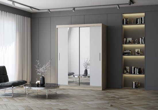 Schuifdeurkast LARA 01 – 2-deurs kledingkast met spiegel, legplanken en kledingroede – modern design – 150x200x61 cm - LARA 01 (Sonoma + Wit)