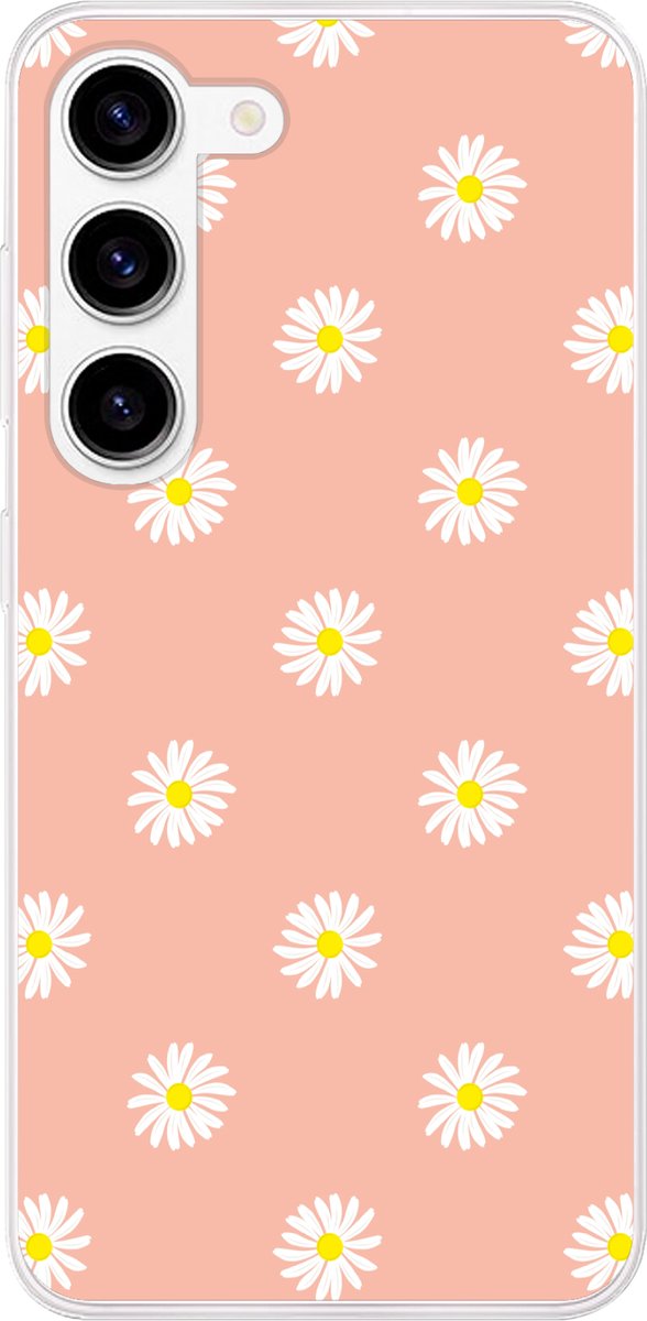Telefoonhoesje Geschikt voor Samsung Galaxy S23 hoesje - Madeliefjes - Pastel - Wit - Roze - Bloemen print - Siliconen Telefoonhoesje Telefoonhoesje
