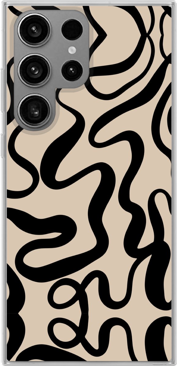 Telefoonhoesje Geschikt voor Samsung Galaxy S23 Ultra hoesje - Lijnen - Zwart - Beige - Abstract - Minimalistisch - Siliconen Telefoonhoesje Telefoonhoesje