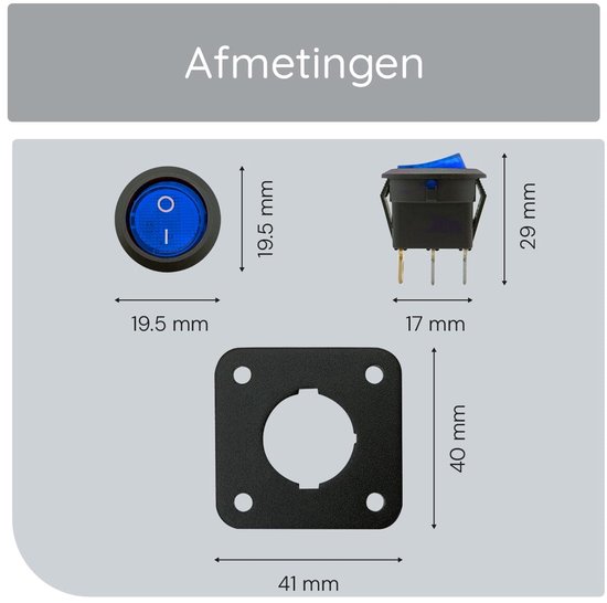 Afmetingen van de blauwe KCD2 schakelaar (Ø19.5 mm, H29 mm) en montagepaneel (41x40 mm).