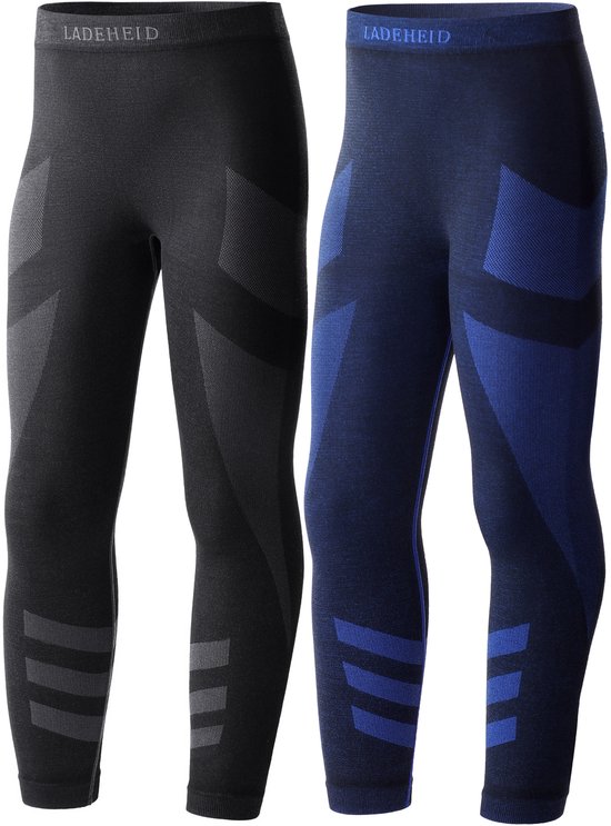 Twee thermobroeken, een donkergrijs en een marineblauw, met 'Ladeheid' logo en geometrische patronen.